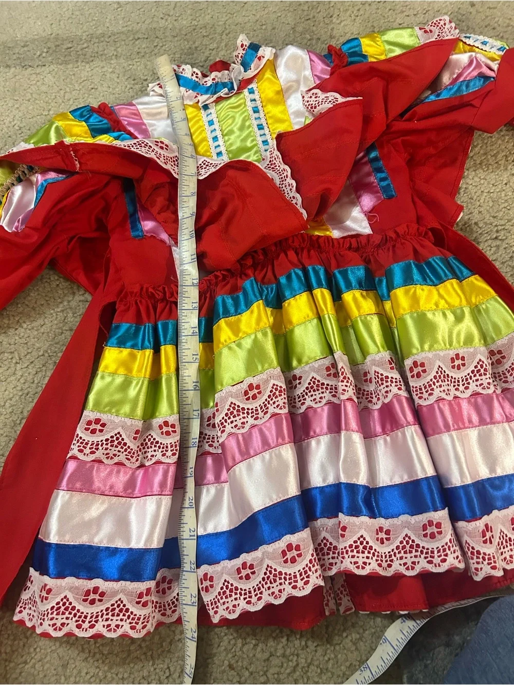 Girls' Red Traditional Jalisco Dress with Multicolor Trim